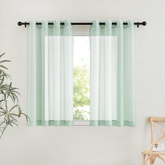 NICETOWN Sage Green Kitchen Curtains 45 inch Length, Grommet Voile Sheer Airy & Lightweight Soft Window Treatments with Light Filtering for Cafe, W54 x L45, 2 Panels