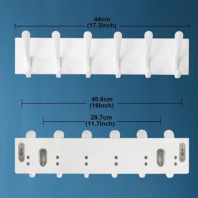 SKOLOO Coat Rack Wall Mount - Wooden White Wall Coat Hook, Wall Coat Hanger Rack with 6 Hooks for Hanging Coats, Hats, Clothing, Scarfs, White