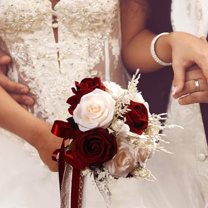 Wedding Bouquets for Bride, Champagne White & Burgundy Bridal Bridesmaid Wedding Flowers, Artificial Toss Rose for Civil Ceremony (Hollow Lace Ribbon Handle)