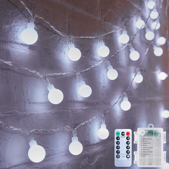 Globe String Lights Battery Operated - 21 Feet 60 Led Twinkle Fairy Lights, 8 Modes with Remote Mini Globe Lights for Indoor Outdoor Bedroom Party Wedding Garden Christmas Tree Decor, Pure White