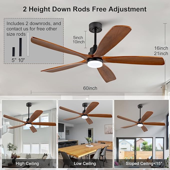 BOJUE 60 Inch Ceiling Fans with Lights and Remote Control, Modern Ceiling Fan with Light for Bedroom, Noiseless DC Motor, Dimmable Led 5 Solid Wood Blades