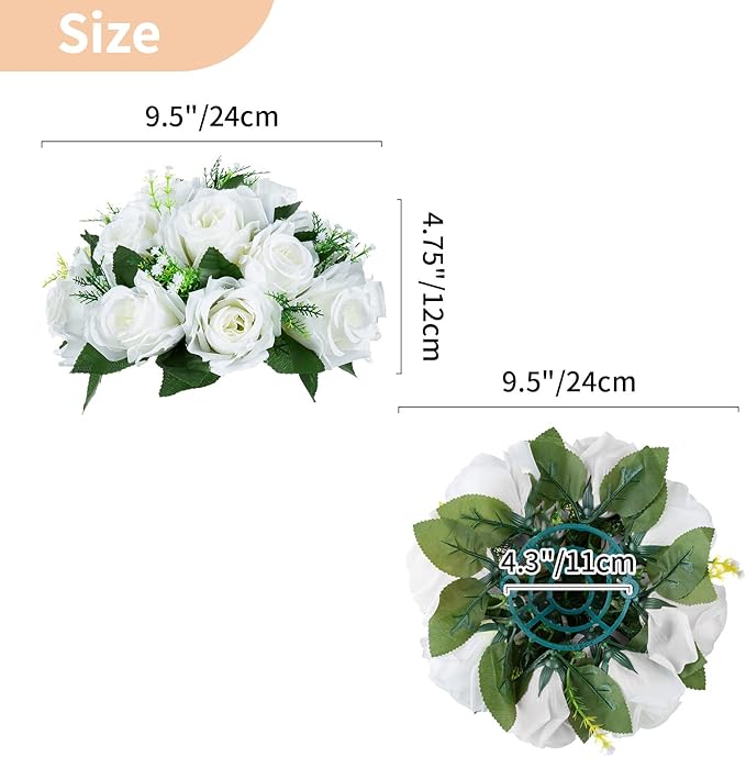 NUPTIO 10 Pieces White Fake Flower Ball Arrangement Bouquet 15 Heads Plastic Roses with Base, Suitable for Wedding Centerpiece Flower Rack for Parties Home Décor