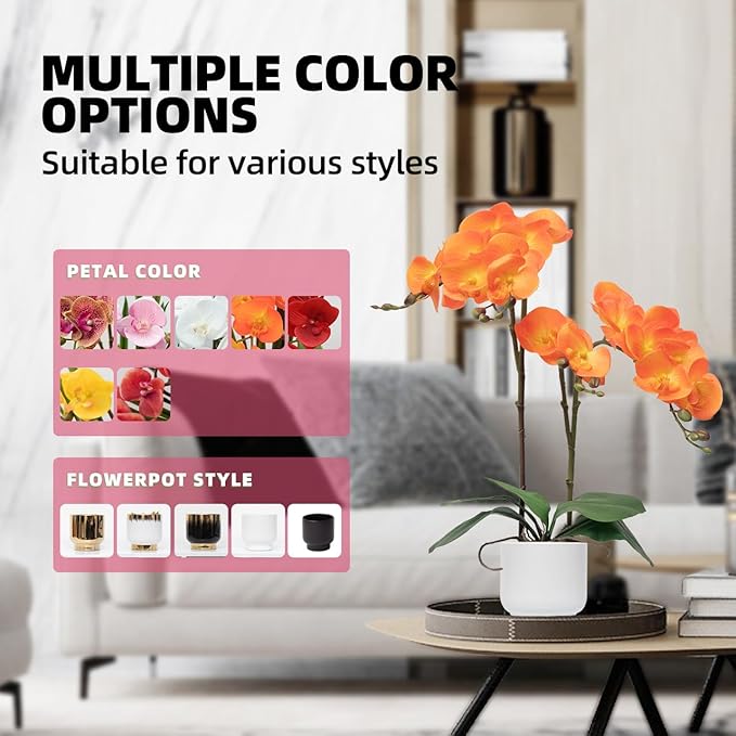 CXGS Orchids Artificial Flowers Real Touch Fake Flowers in Ceramic Pot 20" Orange Faux Orchid Plant Lifelike Silk Phalaenopsis for Centerpiece Hotel Home Indoor Decor