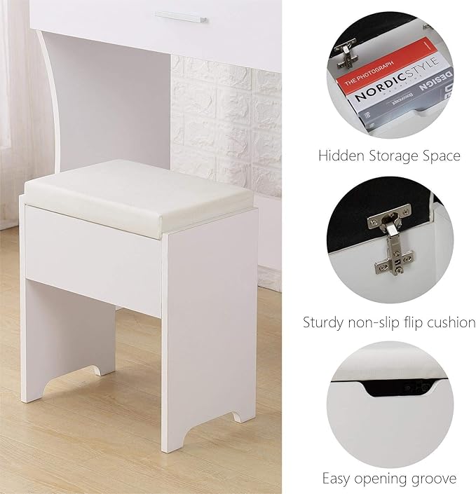 Vanity Table Set with Lighted Mirror - Makeup Vanity with Lights, Adjustable Brightness, Large Drawer Sturdy Wood Vanity, White 80x40x140cm