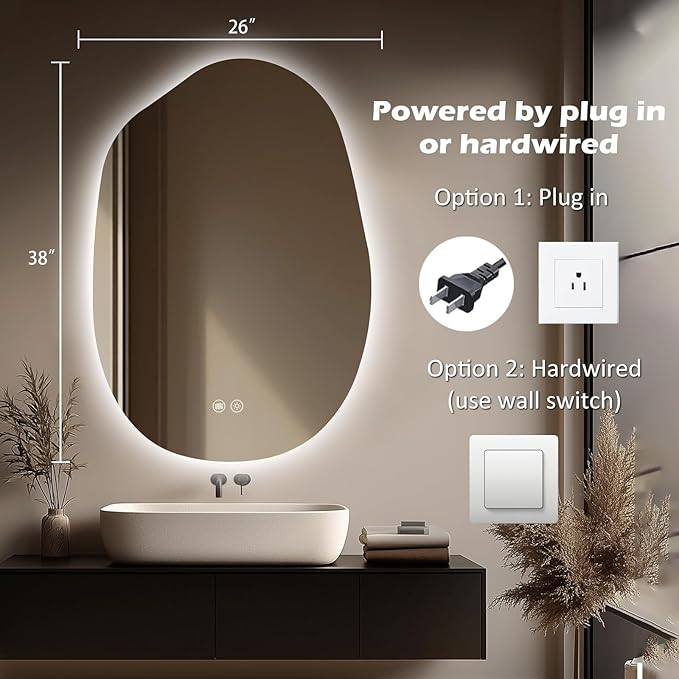 LED Bathroom Mirror with Lights 26x38, Stepless Dimmable Irregular Backlit Mirror with 3 Colors, Anti-Fog, Memory, Al-Alloy Lampshade, Frameless Vanity Mirror for Bathroom (Horizontal/Vertical)