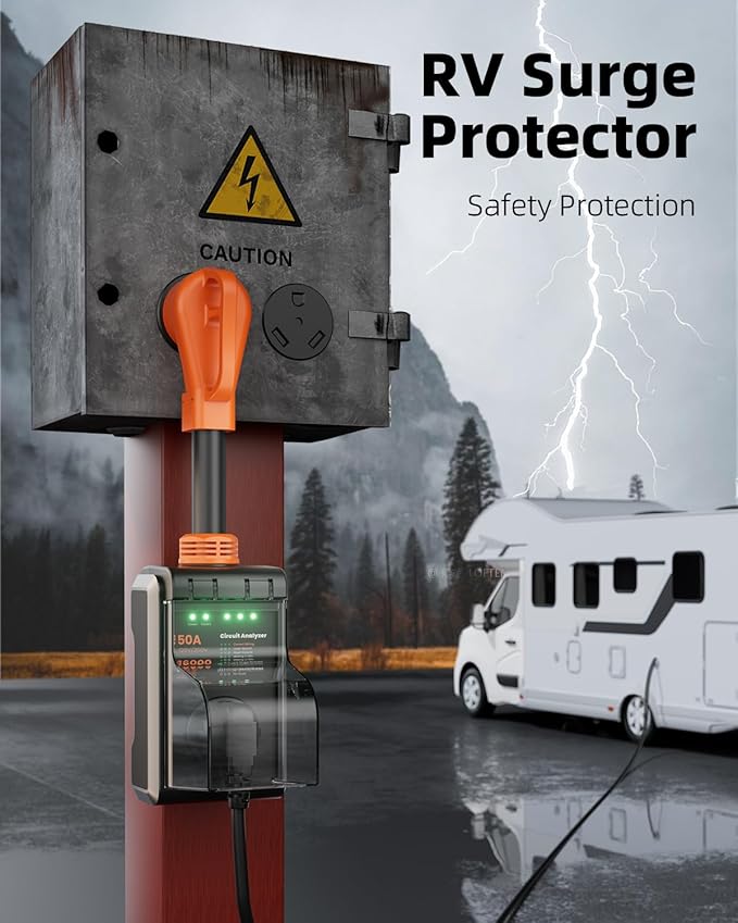 50 amp Surge Protector for RV, 2026 Upgraded 16000J Surge Protection RV Circuit Analyzer, RV Surge Voltage Protector with Waterproof Cover, RV Plug Adapter for Camper, Travel Trailers
