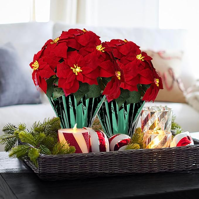 2 Pack 18" Lighted Large Artificial Poinsettias for Outdoors LED Poinsettia Flowers Artificial Faux Poinsettia Plants Poinsettia Christmas Decorations for Office Home Kitchen Decor (Green Paper)