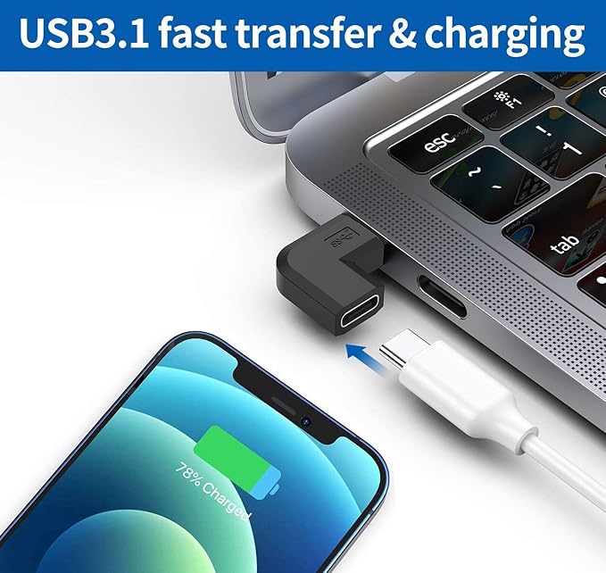 90 Degree Type USB C Adapter, 2 Pack USB C to USB-C Fast Charger and Transfer Converter [Right Angle] Compatible for Switch, Notebook Computers, Tablet, and Other Type C Cable Devices