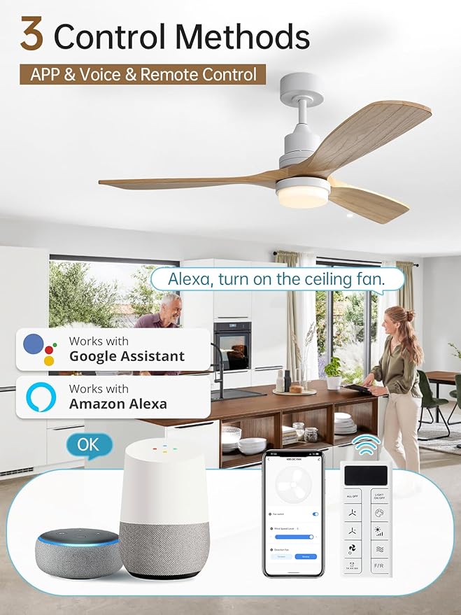 Sofucor 52 Inch Smart Ceiling Fans with Lights and Alexa/Google Assistant/APP/Remote Control-Modern Solid Wood Outdoor 3 Blades Ceiling Fan for Bedroom Living Room Indoor Farmhouse Patio, Natural Wood