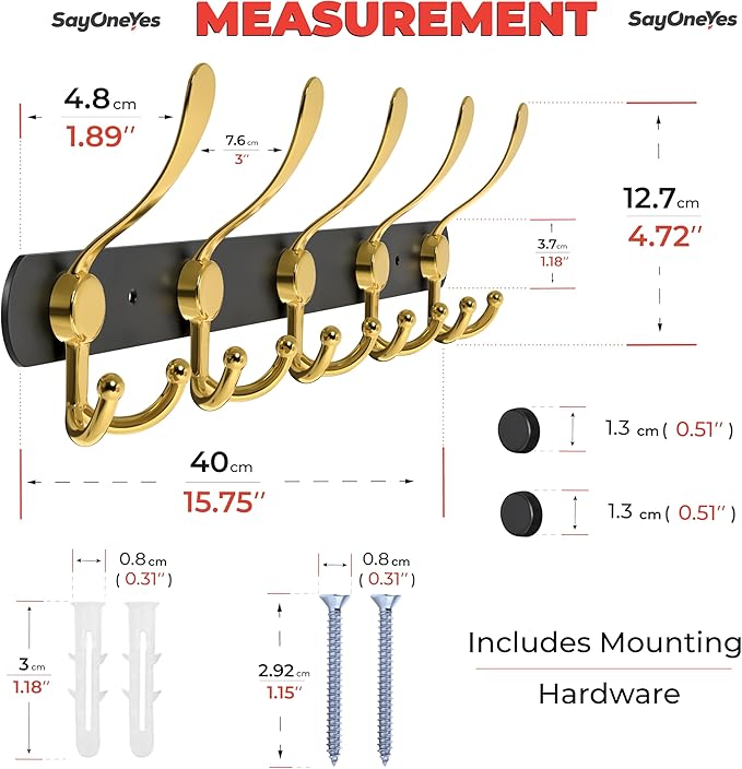Coat Rack Wall Mount with 5 Tri Hooks, Stainless Steel 16 Inch – Black & Gold Matte Finish, Heavy Duty Wall Mounted Hook Rack for Coats, Hats, Towels, Scarfs, Robes, Bags, Entryway & Bathroom, 4 Pack