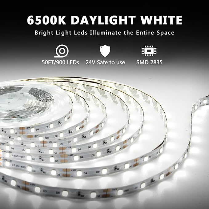 dalattin White LED Strip Lights 50ft Dimmable Bright 24V Led Light Strip 6500K Daylight White 900 LEDs Lights for Bedroom, Mirror, Kitchen, Strong Adhesive（2 Rolls of 25ft）