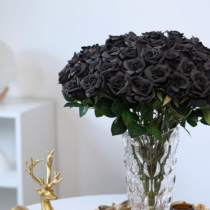 FOTEEWL 60 Pcs Artificial Rose Flower Realistic Faux Silk Roses Stem Fake Roses Bouquet for Flower Arrangement,Wedding Centerpieces,Party,Home Decor,Halloween Decorations (Black)