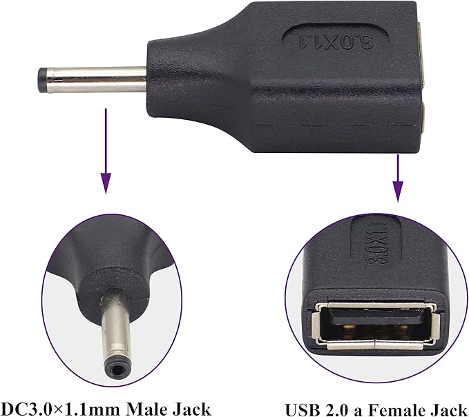 (2 Pack) DC 3.0 × 1.1mm to USB DC Power Extender 5 V USB 2.0 A Female to DC 3.0×1.1mm Male Plug DC Power Charge Barrel Connector for 5 Volt Small DC or USB Electronics Charging(F/3.0×1.1)