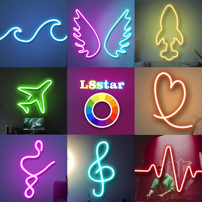 L8star 16.4ft RGB LED Neon Rope Light with Remote Control, Smart Color Changing DIY Mode Neon Flex Strip Lights for Bedroom Indoors Outdoors Decor