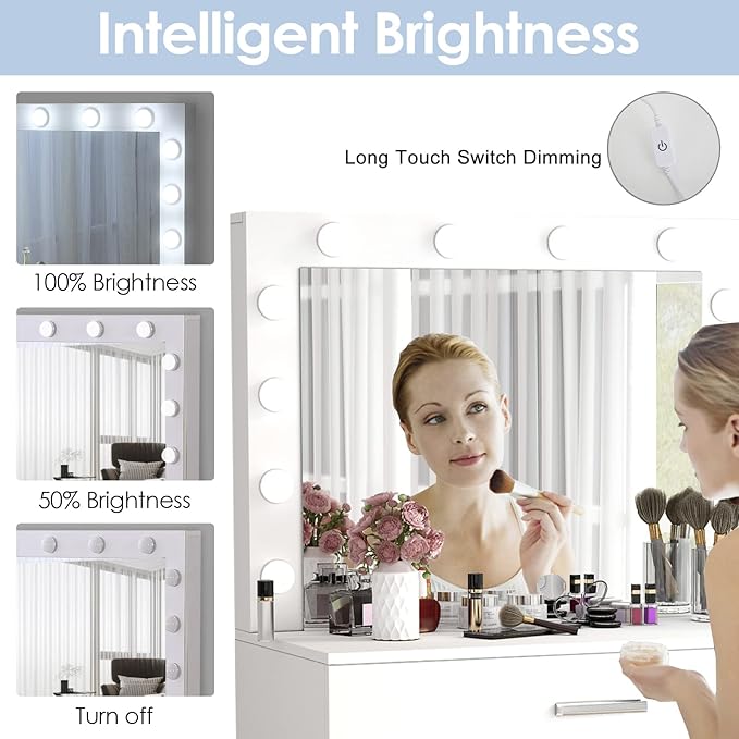 Vanity Table Set with Lighted Mirror - Makeup Vanity with Lights, Adjustable Brightness, Large Drawer Sturdy Wood Vanity, White 80x40x140cm