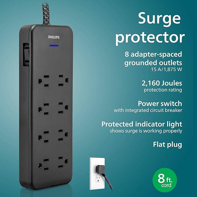 Philips EZFit 8-Outlet Surge Protector Power Strip, 8 Ft Braided Extension Cord, Widely Spaced Outlets, Flat Plug, for Home Office Dorm Essentials, 2160 Joules, Black, SPP3673B/37