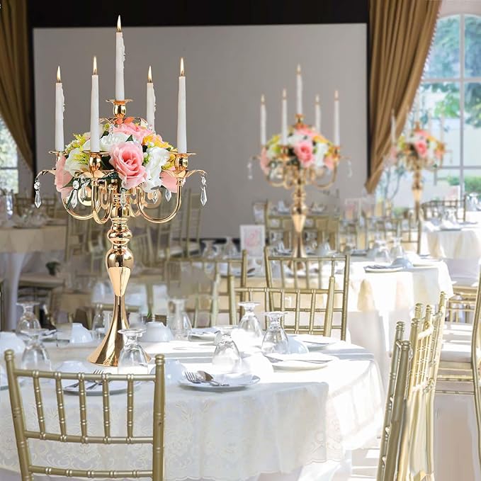 20.3'' Tall 5 Arm Gold Candelabra Centerpiece for Table, Metal &Crysyal Candle Holder, Retro Candelabra/Candlestick Table Centerpieces for Party, Events, Home, Wedding Decor (1pc, Gold)