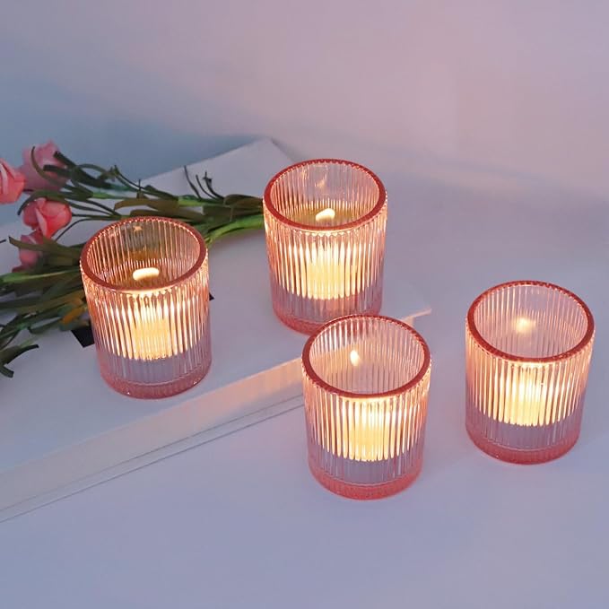 VOHO Pink Candle Holder Set of 12, Ribbed Votive Candle Holders for Pink Room Decor, Tealight Candle Holder Romantic Gifts for Valentine Christmas Decorations(2.1'' x 2.6'')
