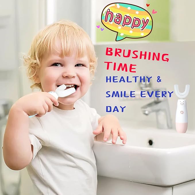 Kids Electric Toothbrush，U Shaped toddler Toothbrush Waterproof Battery Powered 360 Automatic Sonic u shaped Toothbrushes for 2-7 Years Old for Boys Girls，with 2 Replacement Brush Heads（Pink）