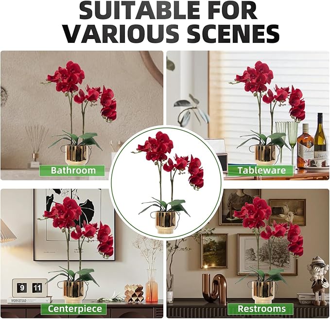 CXGS Orchids Artificial Flowers Real Touch Fake Flowers in Ceramic Pot 20" Red Faux Orchid Plant Lifelike Silk Phalaenopsis for Centerpiece Hotel Home Indoor Decor