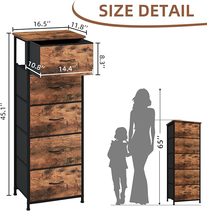 Somdot Tall Dresser for Bedroom with 5 Drawers, Storage Organizer Chest of Drawers with Removable Fabric Bins for Closet Bedside Living Room Laundry Entryway Hallway, Wood Grain Print