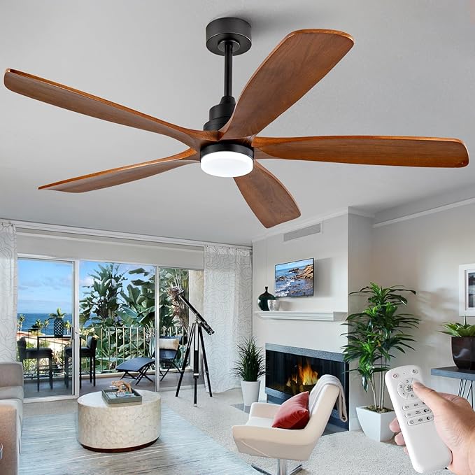 BOJUE 60 Inch Ceiling Fans with Lights and Remote Control, Modern Ceiling Fan with Light for Bedroom, Noiseless DC Motor, Dimmable Led 5 Solid Wood Blades