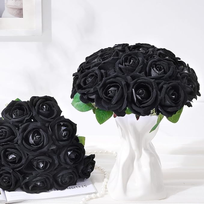 BLEUM CADE 50 Pcs Black Roses Artificial Flowers, Real Touch Velvet Roses Fake Flowers Bulk, Artificial Roses Bouquet with Long Stems Bridal DIY Wedding Party Centerpiece Decorations