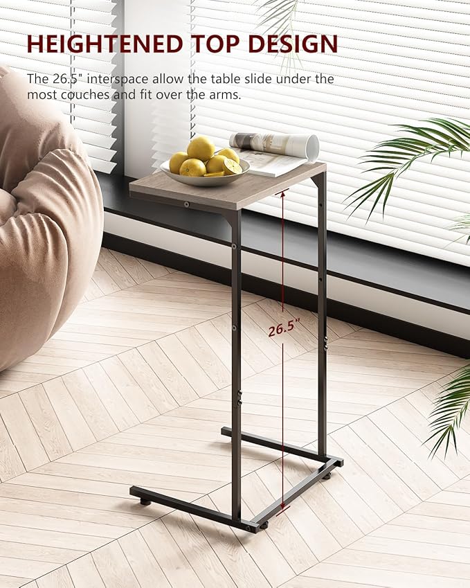 Vantic C Shaped End Table, Small Side Table for Couch and Recliner, Slide Under Sofa Tray Desk with Storage Bag for Living Room and Bedroom, Greige