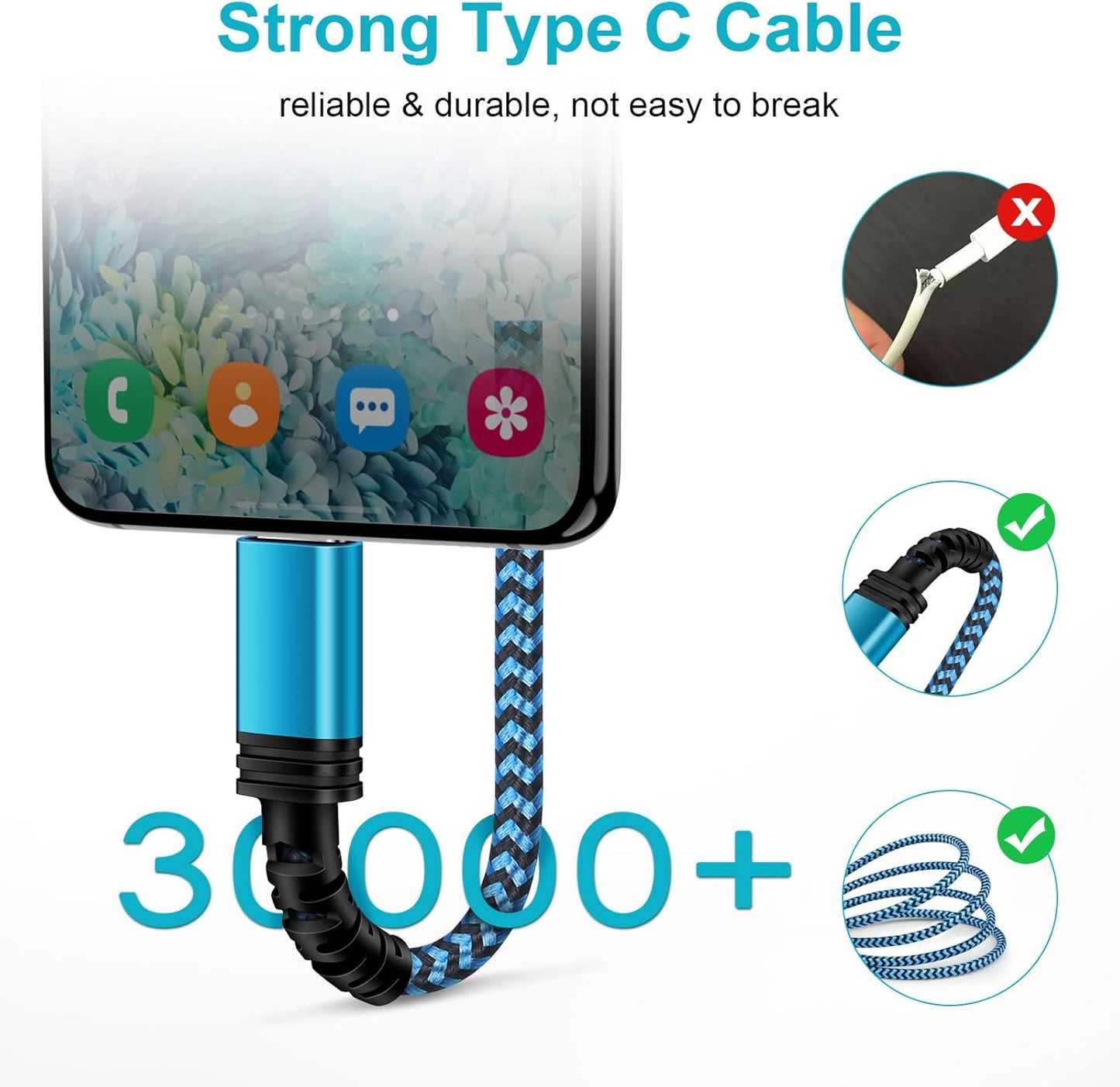 Fast Charging 18W Android Charger Block + 9FT Type C Cable for Samsung Galaxy A71, S22, S21 FE, A53 5G, and more.