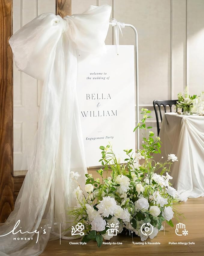 Ling's moment 41.0" Tall Free-Standing Wedding Aisle Artificial Flowers for Ceremony Decor, 2PCS White Walkway Floral Chair Markers, Faux Rose Altar Arch Arrangement Spring Decorations Outdoor