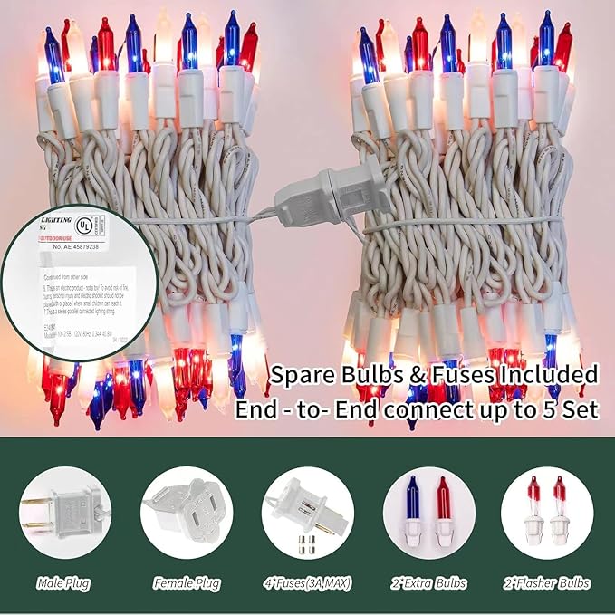 LAMPHOME 31.9FT 150-Count Red White and Blue Mini Lights,4th of July Patriotic String Light White Wire, Independence Day Lights for Indoor Outdoor Christmas Party Decor,Red White Blue