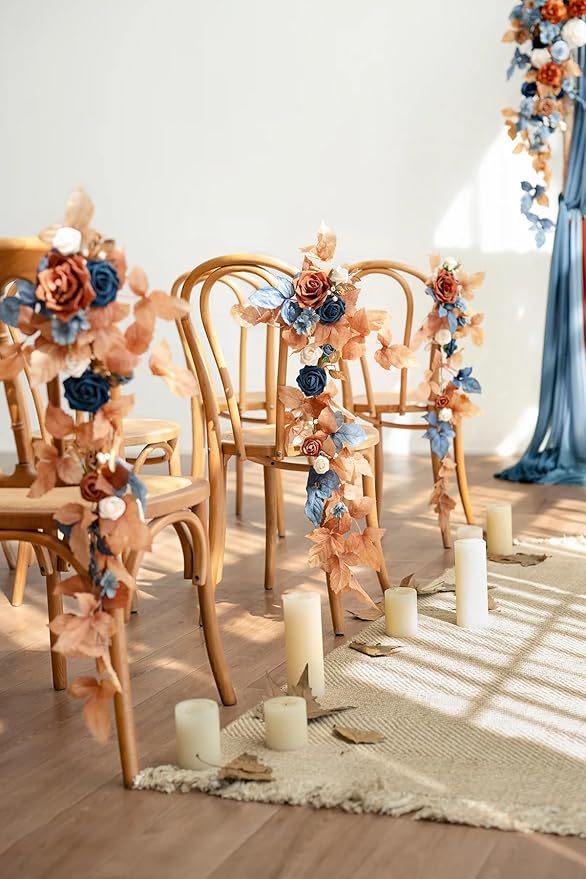 Ling's moment Artificial Flowers Fake Silk Dahlia Faux Foam Roses Combo for DIY Wedding Bouquets Centerpieces Arrangements Bridal Shower Party Home Decorations, Navy Blue & Burnt Orange, 24pcs