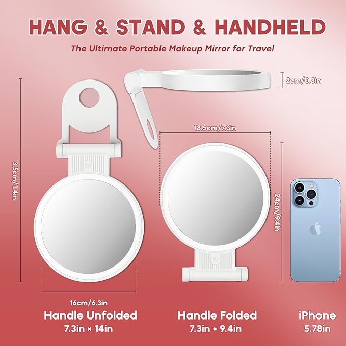 1X/30X Magnifying Mirror with Light and Adjustable Brightness, Makeup Mirror with 360° Rotation Adjustable Folding Handle, Portable Rechargeable Double Sided Mirrors, Foldable Vanity Mirror (white)