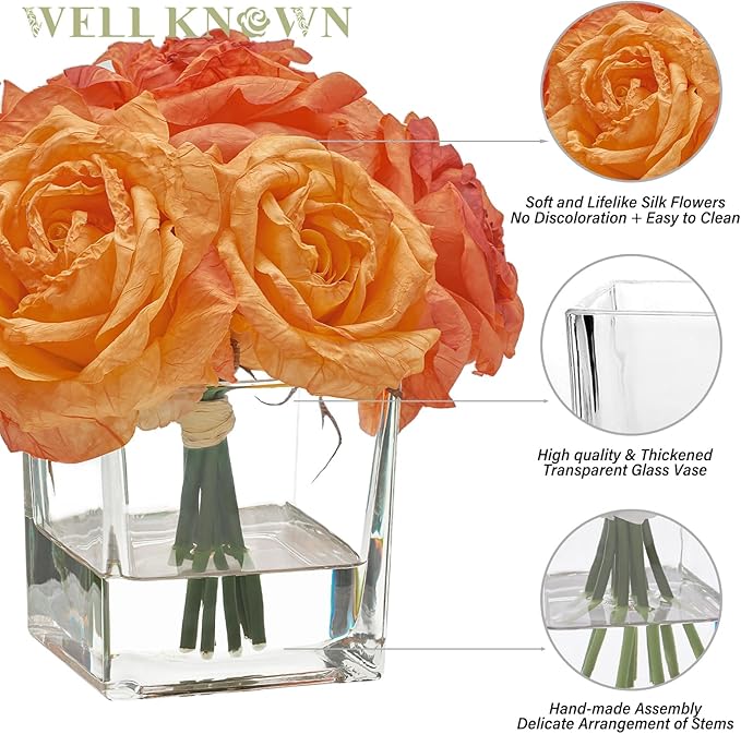 WELL KNOWN Rose Artificial Flowers in Vase with Faux Water, Silk Rose Table Centerpieces for Home Coffee Table Decor, Fake Roses Flower Arrangements for Office Hotel Lavatory Decor (Burnt Orange)