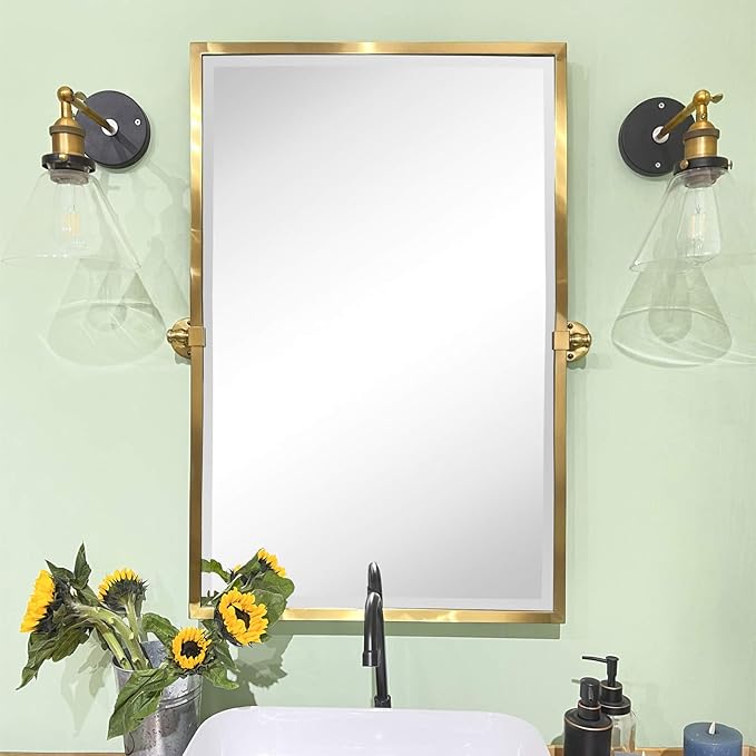 TEHOME Brushed Gold Metal Framed Pivot Rectangle Bathroom Mirror Tilting Beveled Vanity Mirrors for Wall, Overall 27.9 x 36 inches (Mirrror 24 x 36 inches)