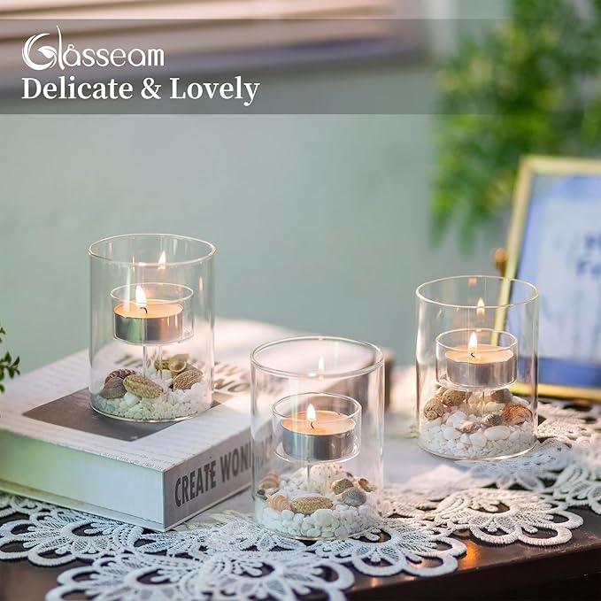 Glasseam Glass Tealight Candle Holder: Small Hurricane Cylinder Votive Holder Set of 6 Modern Table Centerpiece Wedding Christmas Party Decorations, 3.15