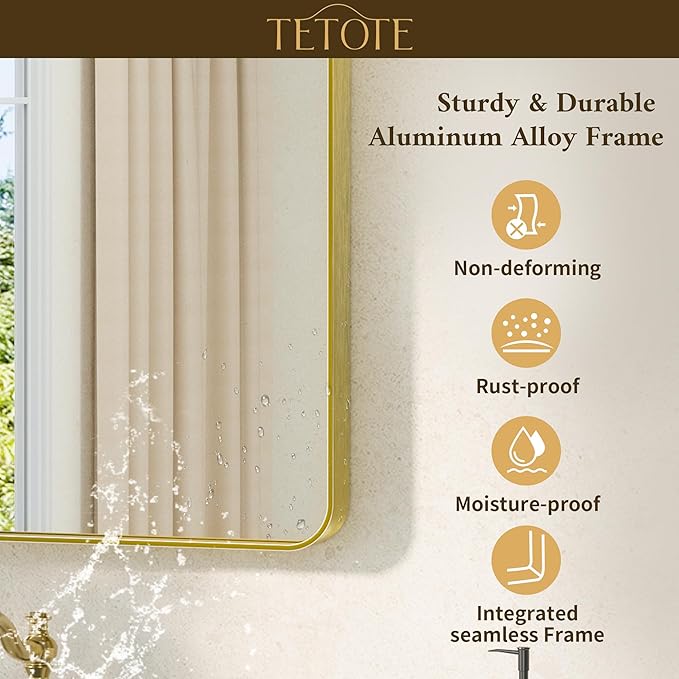TETOTE Brushed Gold Bathroom Mirror 40 x 24 Gold Metal Framed Bathroom Mirror, Tempered Glass, Modern Farmhouse Wall Mounted Mirror for Decorative(Horizontal/Vertical)