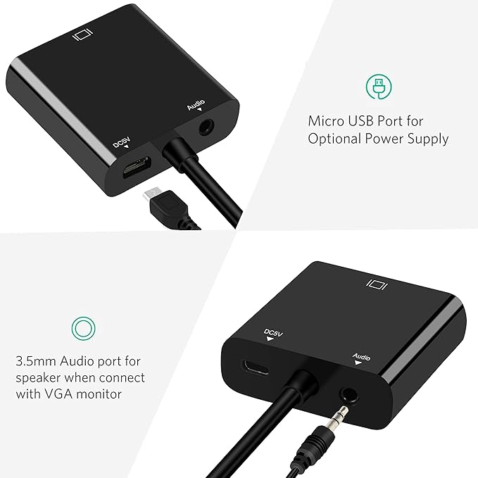 avedio Links Micro HDMI to VGA Adapter, Active Micro HDMI to VGA Video Converter Cable with 3.5mm Stereo Audio, (Male to Female) Compatible with Laptop, Projector, HDTV, Chromebook
