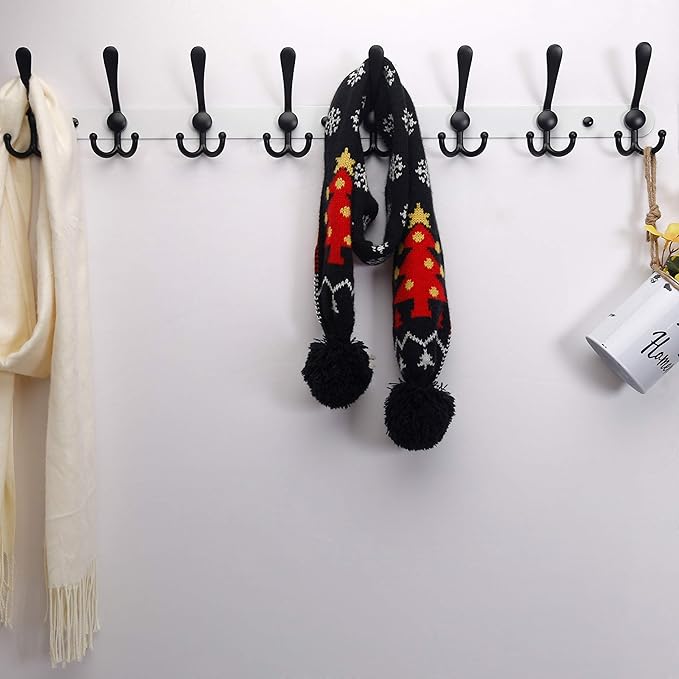 Dseap Coat Rack Wall Mount - 29.5” Long 8-Tri-Hooks Heavy Duty Coat Hanger Rail Wall Hooks for Hanging Coats Hats Clothing Clothes Purse Mudroom Entryway, White & Black