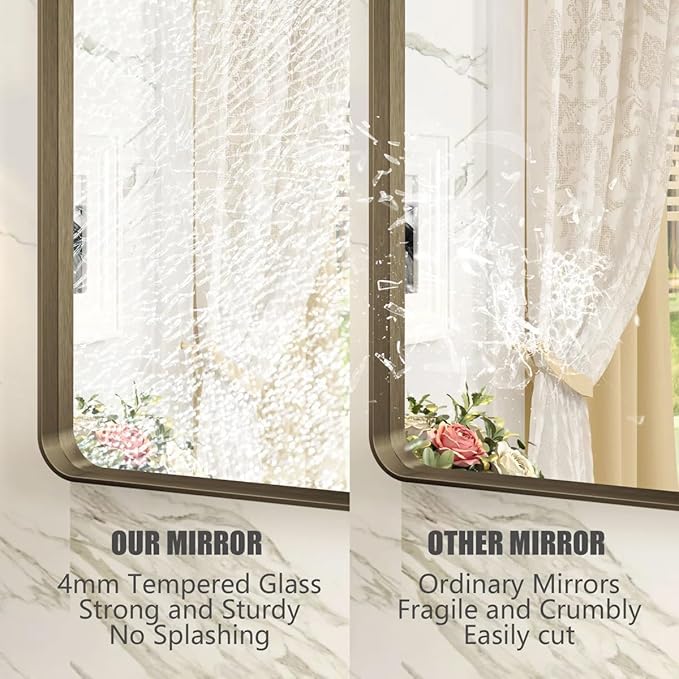 26x36 Inch Bronze Framed Mirror, Brushed Bronze Metal Bathroom Vanity Mirror for Wall, Modern Rectangle Mirror, Rounded Corner, Anti-Rust (Horizontal/Vertical)