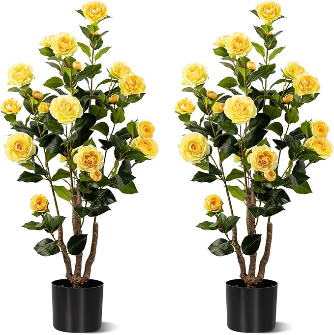 Artificial Camellia Tree 2 Pack, Artificial Plants Outdoor Faux Plant in Cement Pot Fake Yellow Silk Camellia Tree Plants for Home House Living Room Office Decor (Yellow (2 Pack))