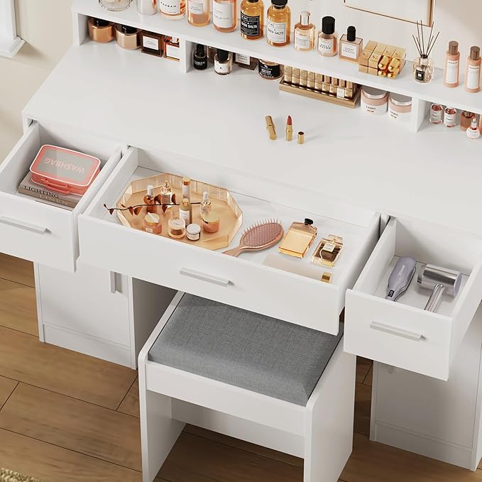 usikey 43.3” Vanity Desk with Large Mirror and Lights, Makeup Vanity with 3 Lighting Color Adjustable, Dressing Table Set with Storage Cabinet, Drawers and Chair for Girls Bedroom, White