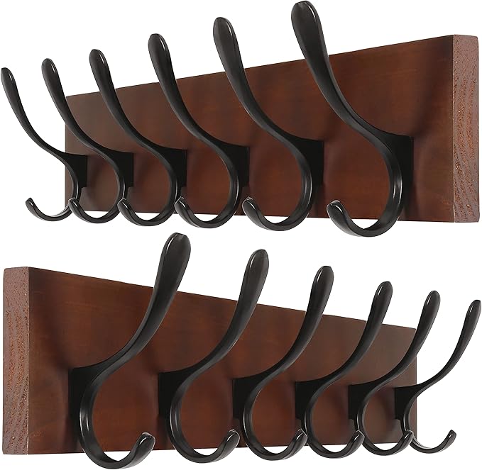 SKOLOO Coat Rack Wall Mount - Wooden Brown Wall Coat Hook, Pack of 2, Wall Coat Hanger Rack with 6 Hooks for Hanging Coats, Hats, Clothing, Scarfs, Brown & Black