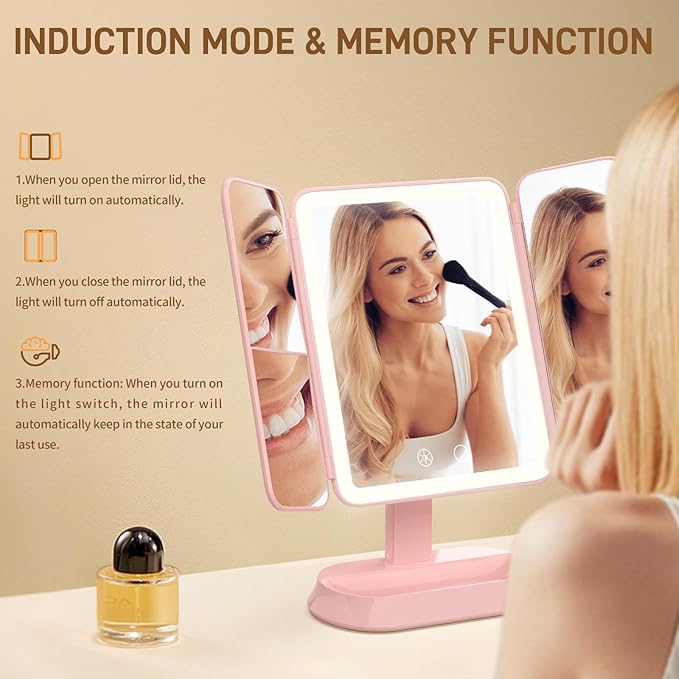 Rechargeable Trifold Makeup Mirror with Lights, 1X/3X/5X Magnification, Cordless 3-Color LED Vanity Mirror for Travel & Desk, Up to 20H Use, Ideal Gift for Women & Teens - Pink
