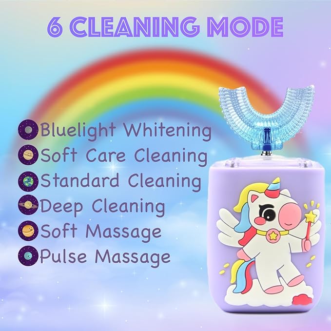 Kids Electric Toothbrush, U Shaped Toothbrush Kids Sonic Automatic Brush with Cup 5 Brush Head 6 Sonic Clean Modes IPX7 Waterproof Unicorn Design Rechargeable Smart Timer for Children 2-7