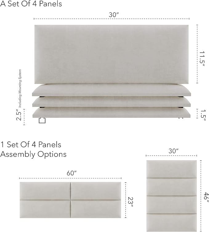 Vänt Upholstered Wall Panels - Queen/Full Size Wall Mounted Headboards - Micro Suede Neutral Sand - Set of 4 Panels (Each Individual Panel 30"x11.5")
