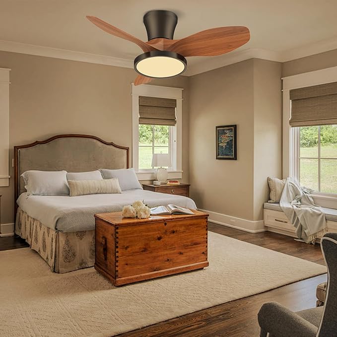 ocioc Quiet Ceiling Fan with LED Light DC motor 32 inch Large Air Volume Remote Control Walnut for Kitchen Bedroom Dining room Patio