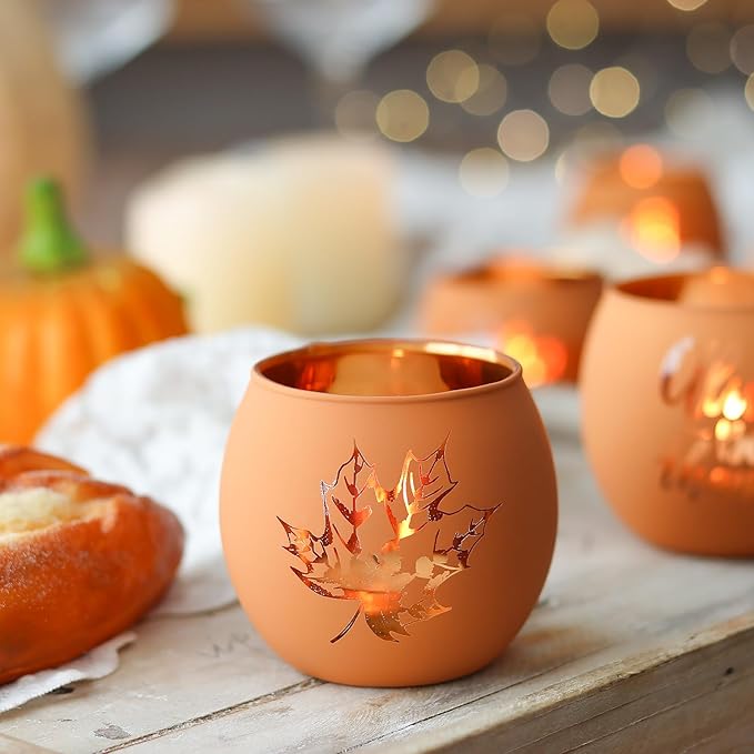 WDHODEC Thanksgiving Candle Holders 6 Pieces Orange Pumpkin Glass Votive Candle Holder for Fall Wedding, Party, Table Centerpiece Décor Thanksgiving Decorations Indoor and Outdoor