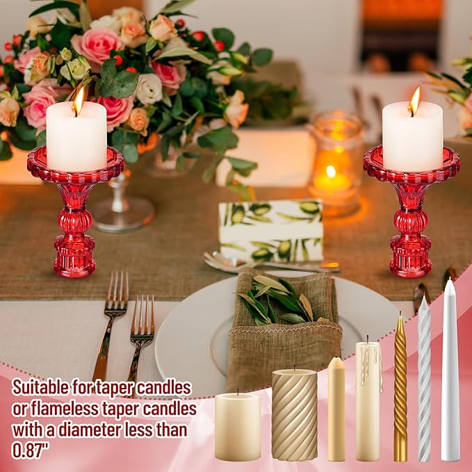 Suclain 24 Pcs Glass Taper Candle Holder Sets 12 Candlestick Holder with 12 White Long Candles for Wedding Party Decor Dinner Decoration(Red)