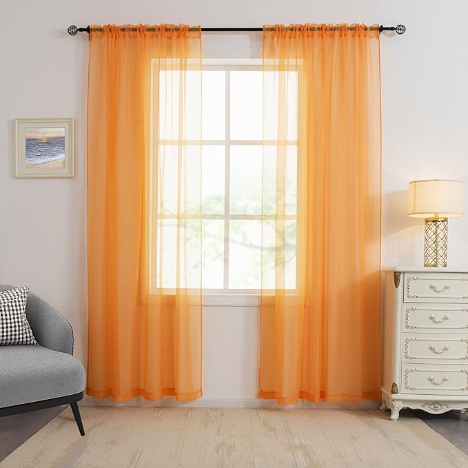 HUTO Orange Sheer Curtains 84 inches Long for Bedroom Top Rod Pocket Sheer Window Panels Curtains for Nursery Living Room 52 by 84 Inch Length Set of 2